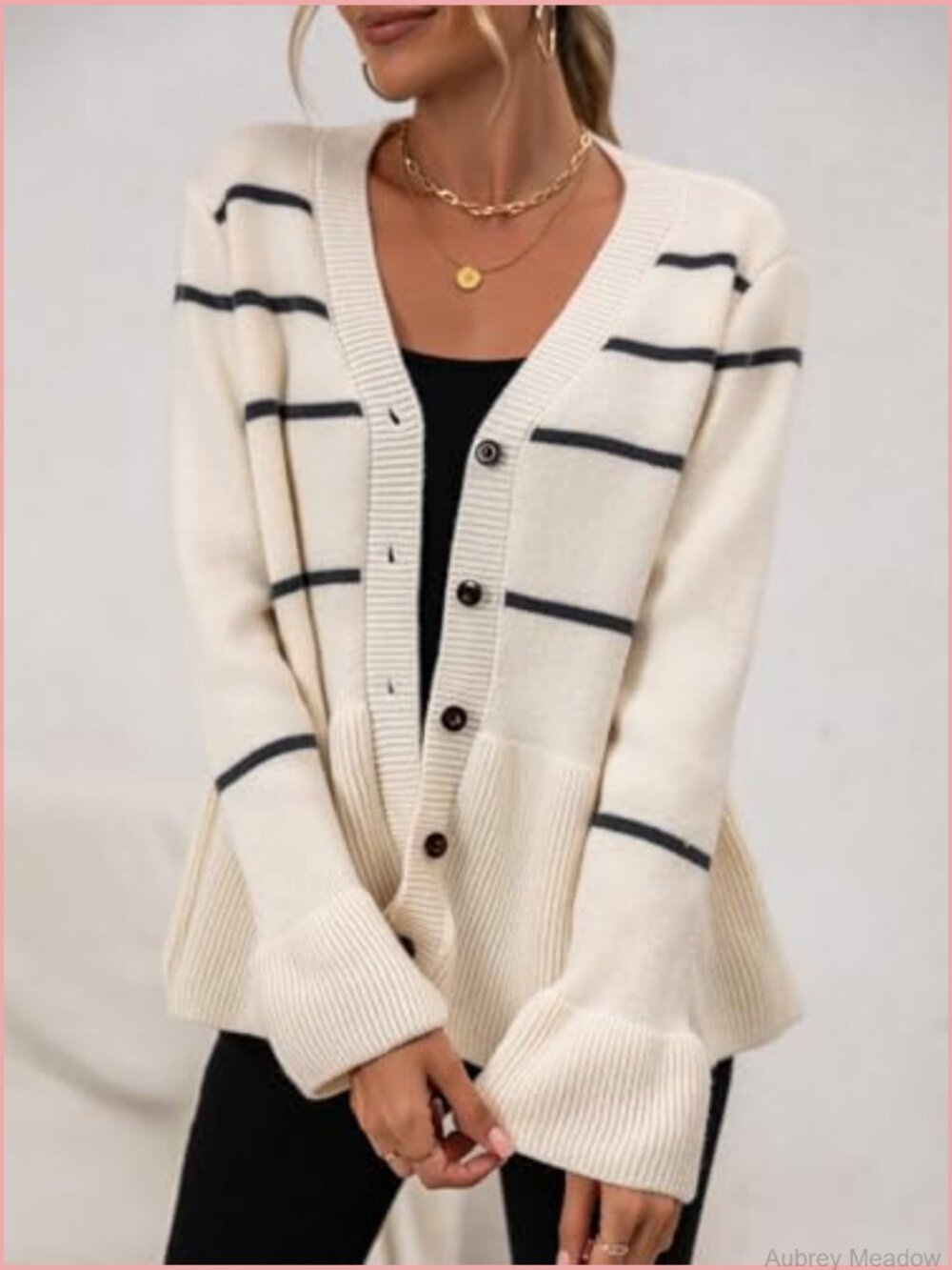 Striped V-Neck Cardigan with Flared Hem - Soft Knit Button Down - Picture 4 of 7